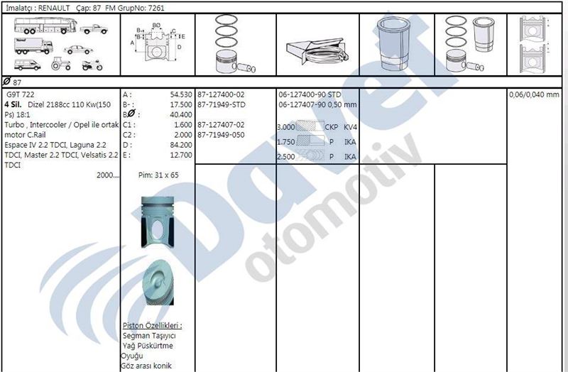 ISS-61274079G Segman 0.50 87 Mm ( Renault   Laguna Ii 2.2 Tdci G9t )